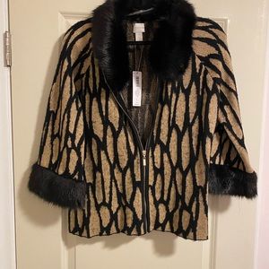Chico’s Dram Faux Fur  Cardigan 3/4 sleeves Womens size 1 (size 8-10)